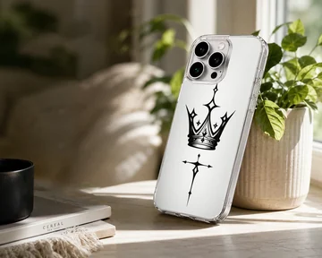 Black ink gothic crown and sharp cross tattoo graphic printed on a slim clear phone case. — Lifestyle