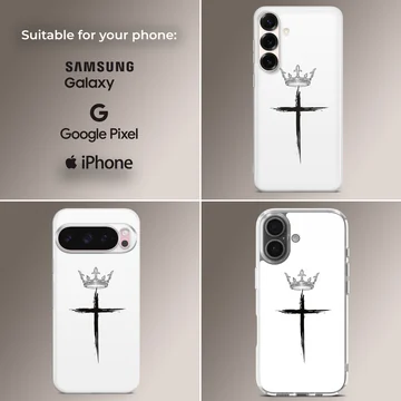 Minimalist black brushstroke Christian cross with a detailed crown illustration printed on a phone case — Collage