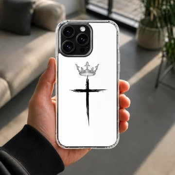 Minimalist black brushstroke Christian cross with a detailed crown illustration printed on a phone case — Lifestyle