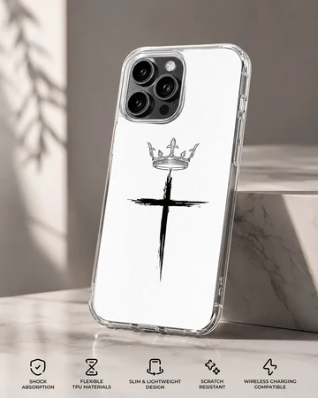 Minimalist black brushstroke Christian cross with a detailed crown illustration printed on a phone case — Specs