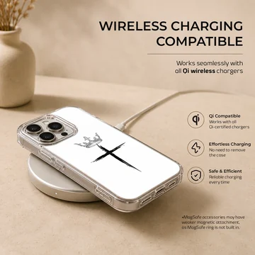 Minimalist black brushstroke Christian cross with a detailed crown illustration printed on a phone case — Charging