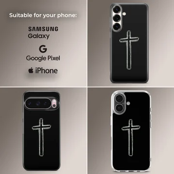 A stylized distressed cross outlined in white glowing effect against a solid black backdrop printed on a phone case — Collage
