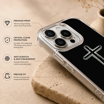 A stylized distressed cross outlined in white glowing effect against a solid black backdrop printed on a phone case — Info