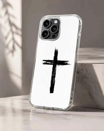 Black artistic brushstroke Christian cross painted on a clean white backdrop phone case