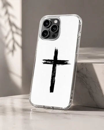 Black artistic brushstroke Christian cross painted on a clean white backdrop phone case — Hero
