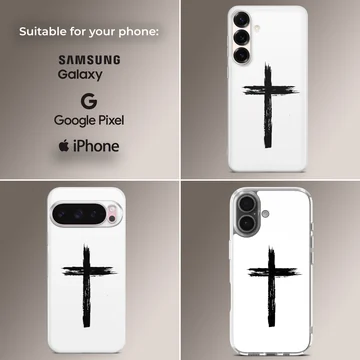 Black artistic brushstroke Christian cross painted on a clean white backdrop phone case — Collage