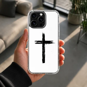 Black artistic brushstroke Christian cross painted on a clean white backdrop phone case — Lifestyle