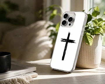 Black artistic brushstroke Christian cross painted on a clean white backdrop phone case — Lifestyle