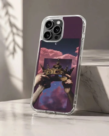 Surreal classical art collage featuring hands holding a jewel-encrusted golden crown against pink clouds phone case