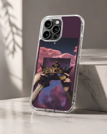 Surreal classical art collage featuring hands holding a jewel-encrusted golden crown against pink clouds phone case — Hero