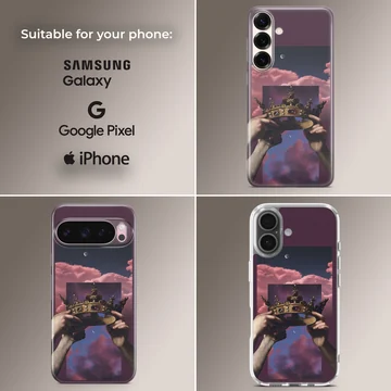Surreal classical art collage featuring hands holding a jewel-encrusted golden crown against pink clouds phone case — Collage