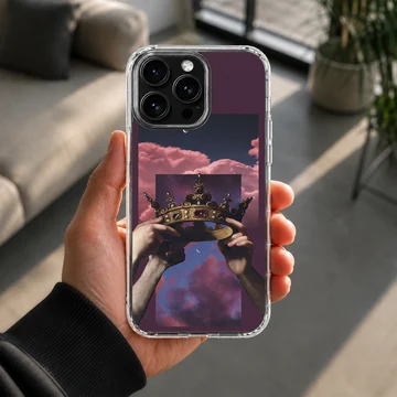 Surreal classical art collage featuring hands holding a jewel-encrusted golden crown against pink clouds phone case — Lifestyle