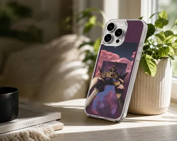 Surreal classical art collage featuring hands holding a jewel-encrusted golden crown against pink clouds phone case — Lifestyle