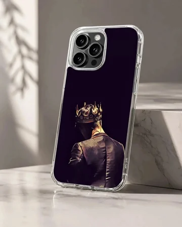 Artwork of a tailored figure wearing a glowing golden crown viewed from behind printed on a phone case