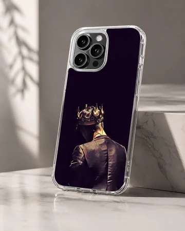 Artwork of a tailored figure wearing a glowing golden crown viewed from behind printed on a phone case — Hero
