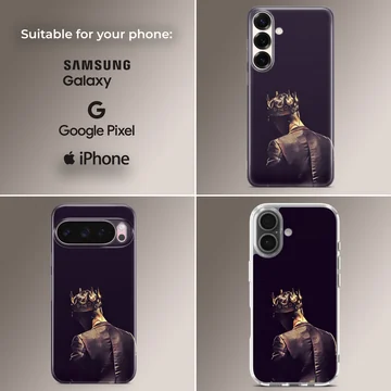 Artwork of a tailored figure wearing a glowing golden crown viewed from behind printed on a phone case — Collage