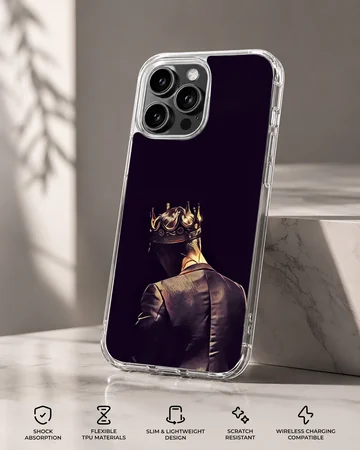 Artwork of a tailored figure wearing a glowing golden crown viewed from behind printed on a phone case — Specs
