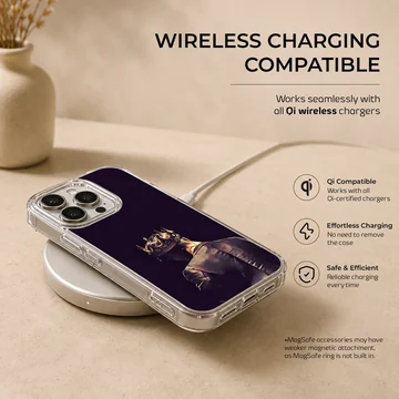 Artwork of a tailored figure wearing a glowing golden crown viewed from behind printed on a phone case — Charging