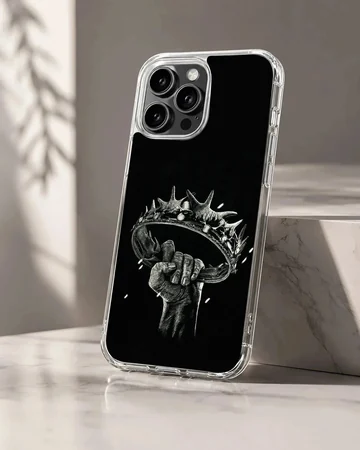 Monochrome sketch of a hand holding a crown printed on a black TPU phone case