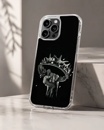 Monochrome sketch of a hand holding a crown printed on a black TPU phone case — Hero