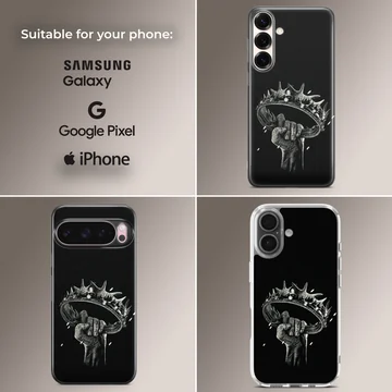 Monochrome sketch of a hand holding a crown printed on a black TPU phone case — Collage
