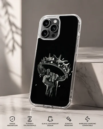 Monochrome sketch of a hand holding a crown printed on a black TPU phone case — Specs