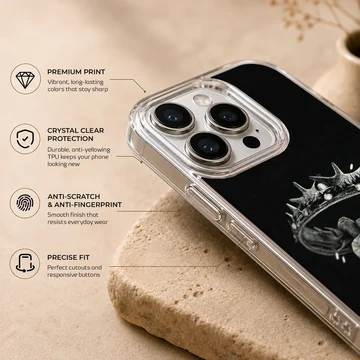 Monochrome sketch of a hand holding a crown printed on a black TPU phone case — Info