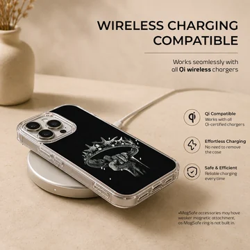 Monochrome sketch of a hand holding a crown printed on a black TPU phone case — Charging