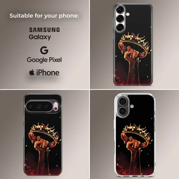 A majestic crown held firmly in a hand, printed on a phone case — Collage