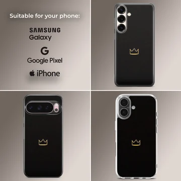 Elegant black phone case featuring a minimalist golden crown design — Collage