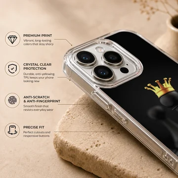 Chess king with a yellow crown against a black background phone case — Info