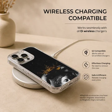 Edgy crown artwork on a black phone case — Charging