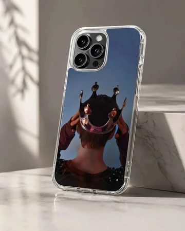 Crown design on artistic phone case highlighting a person's back view