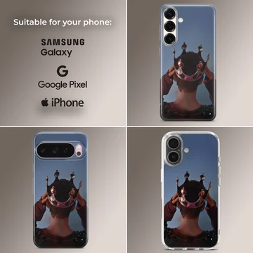 Crown design on artistic phone case highlighting a person's back view — Collage