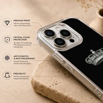 A sleek black phone case featuring an elegant crown design — Info