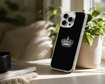 A sleek black phone case featuring an elegant crown design — Lifestyle