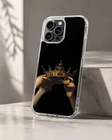 Artistic crown design phone case with hands holding a crown