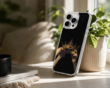 Artistic crown design phone case with hands holding a crown — Lifestyle