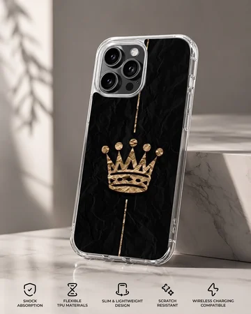 Stylish crown design on textured black phone case — Specs