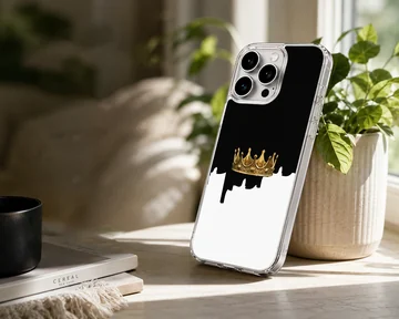 A striking crown design on a black and white background phone case — Lifestyle