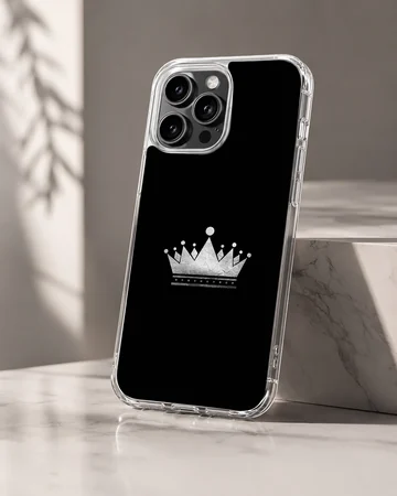Minimalist crown design in silver on a black phone case — Hero