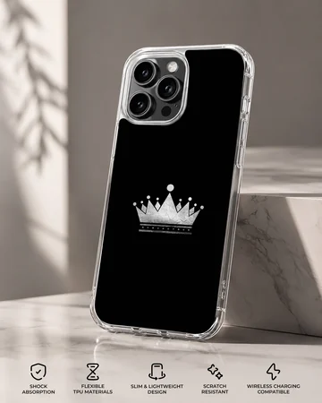 Minimalist crown design in silver on a black phone case — Specs