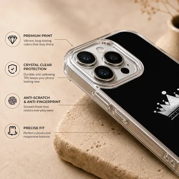 Minimalist crown design in silver on a black phone case — Info