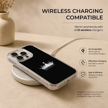 Minimalist crown design in silver on a black phone case — Charging