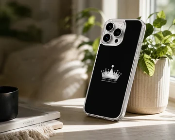 Minimalist crown design in silver on a black phone case — Lifestyle