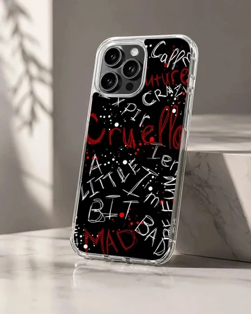 Bold typography design featuring Cruella De Vil art on a phone case