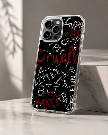 Bold typography design featuring Cruella De Vil art on a phone case — Hero