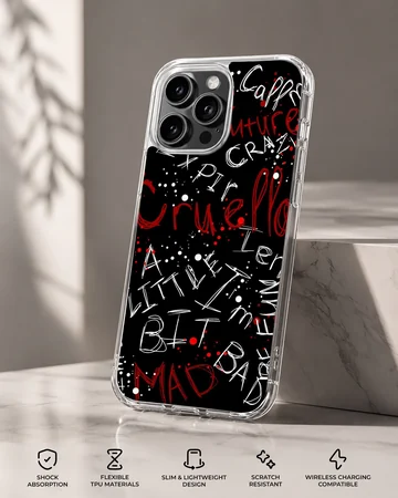 Bold typography design featuring Cruella De Vil art on a phone case — Specs