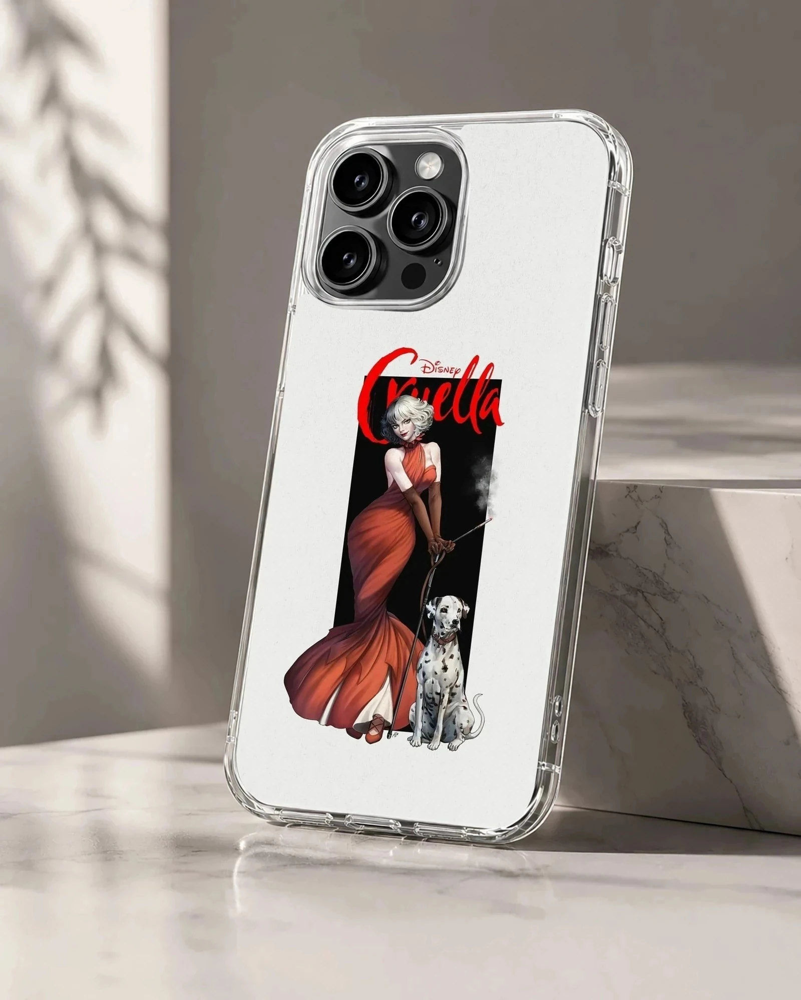 Cruella De Vil in red dress with her dalmatian on phone case