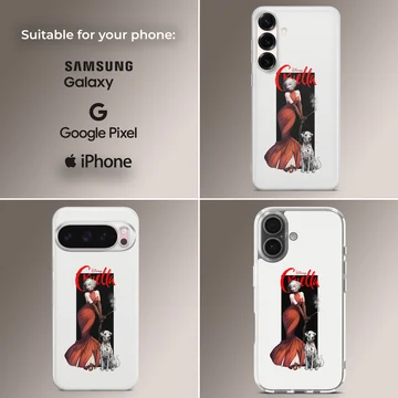 Cruella De Vil in red dress with her dalmatian on phone case — Collage
